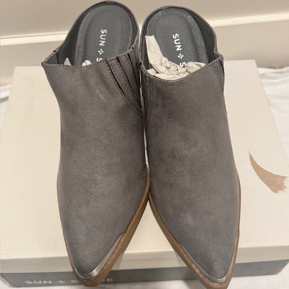 Sun+Stone Womens Deyzaa grey Metallic Pointed Toe Slip-On heels Mules Shoes 8.5 - Picture 10 of 10